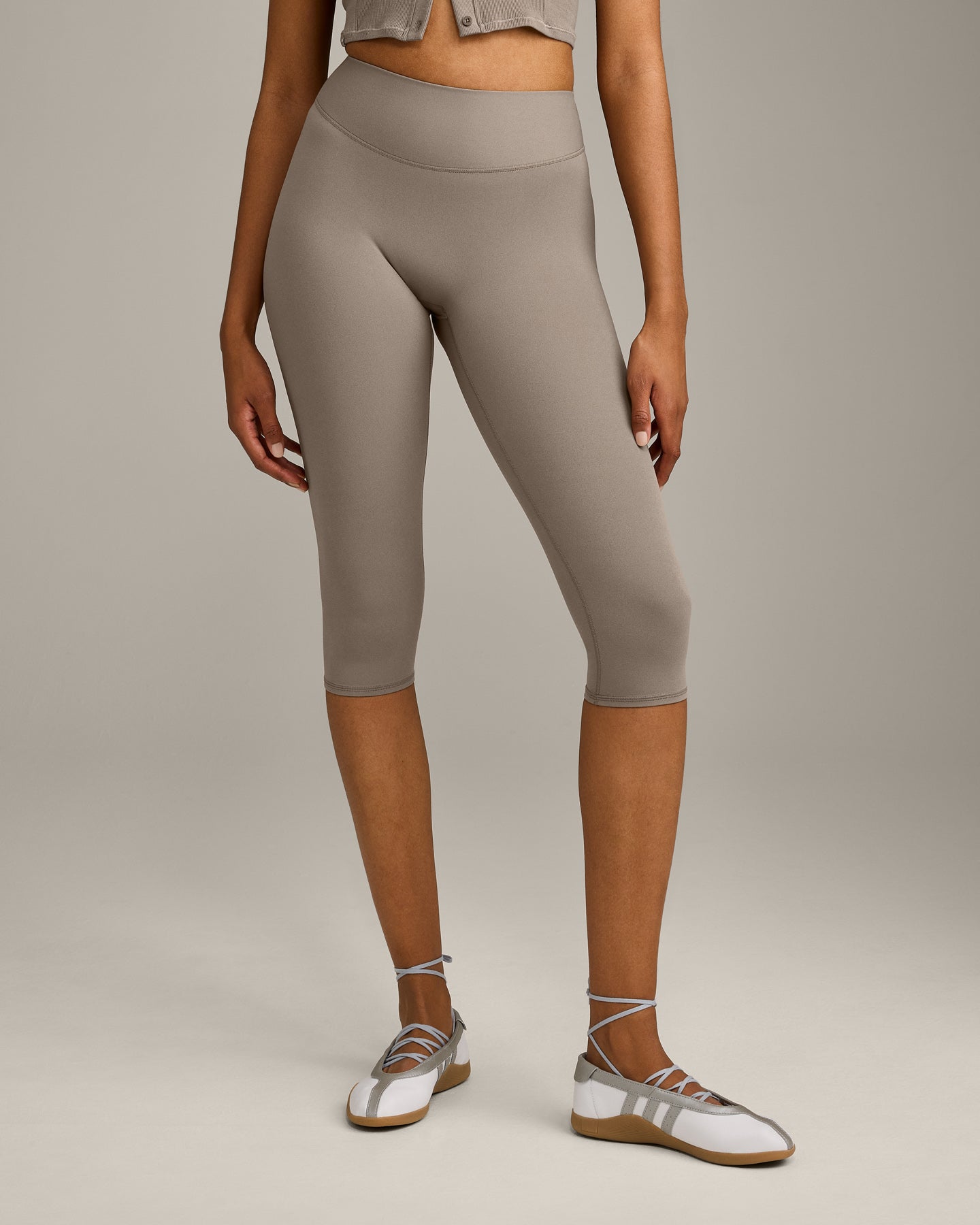SoftMotion™ High Waisted Capri Leggings with Grey Logo | Minky