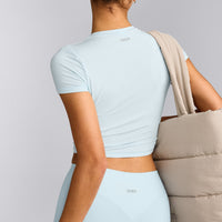 SoftMotion™ High Waisted Leggings with Gray Logo | Cloud Blue
