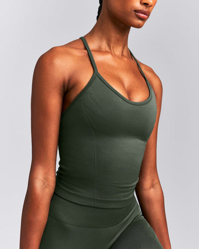 EnhanceLift™ Seamless Strappy Racer Tank Top with Built in Bra New Branding | Dark Khaki