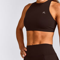EasyLift™ High Neck Sports Bra with Grey Logo | 70% Cocoa