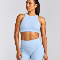 EasyLift™ High Neck Sports Bra with Grey Logo | Powdered Blue