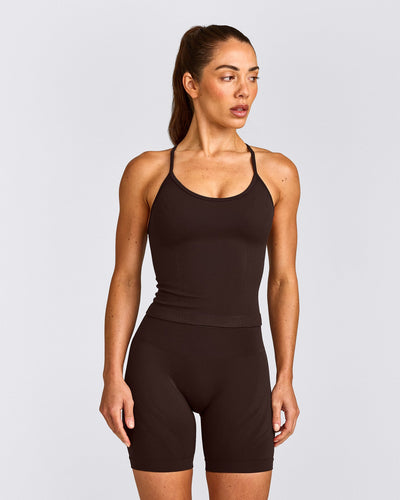 EnhanceLift™ Seamless Strappy Racer Vest with Built in Bra Shelf with Grey Logo | 70% Cocoa