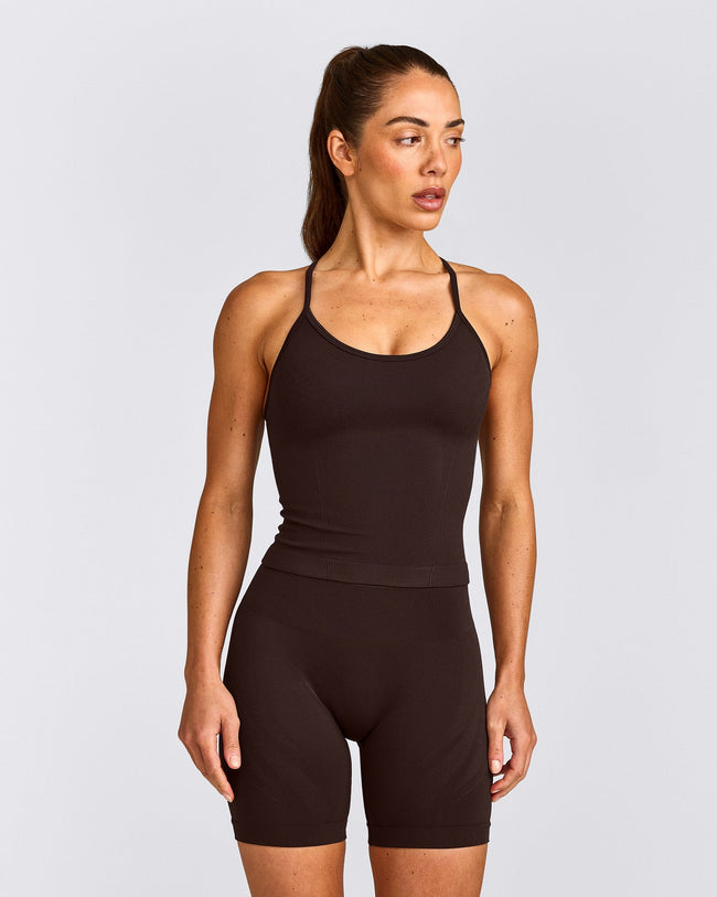 EnhanceLift™ Seamless Strappy Racer Vest with Built in Bra Shelf with Grey Logo | 70% Cocoa