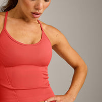 EnhanceLift™ Seamless Strappy Racer Vest with Built in Bra Shelf with Grey Logo | Dark Charged Coral