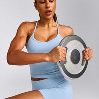 EnhanceLift™ Seamless Strappy Racer Vest with Built in Bra Shelf with Grey Logo | Powdered Blue