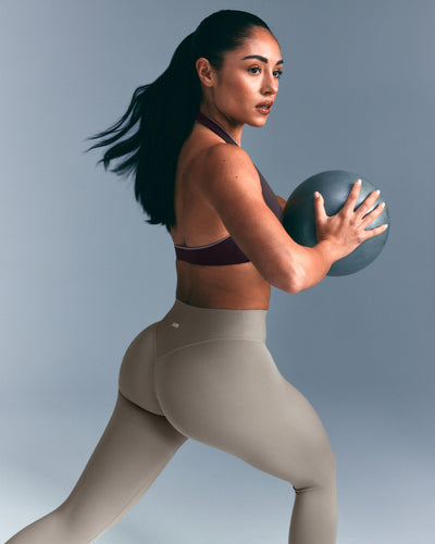 SoftMotion™ High Waisted Leggings with White Logo | Warm Sand