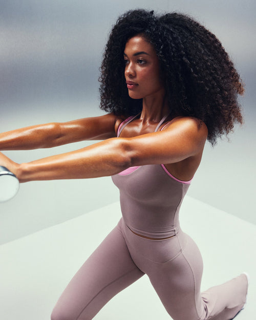 SoftMotion™ Strappy Halter Neck Mid Tank Top with Built in Bra Shelf | Dusty Purple
