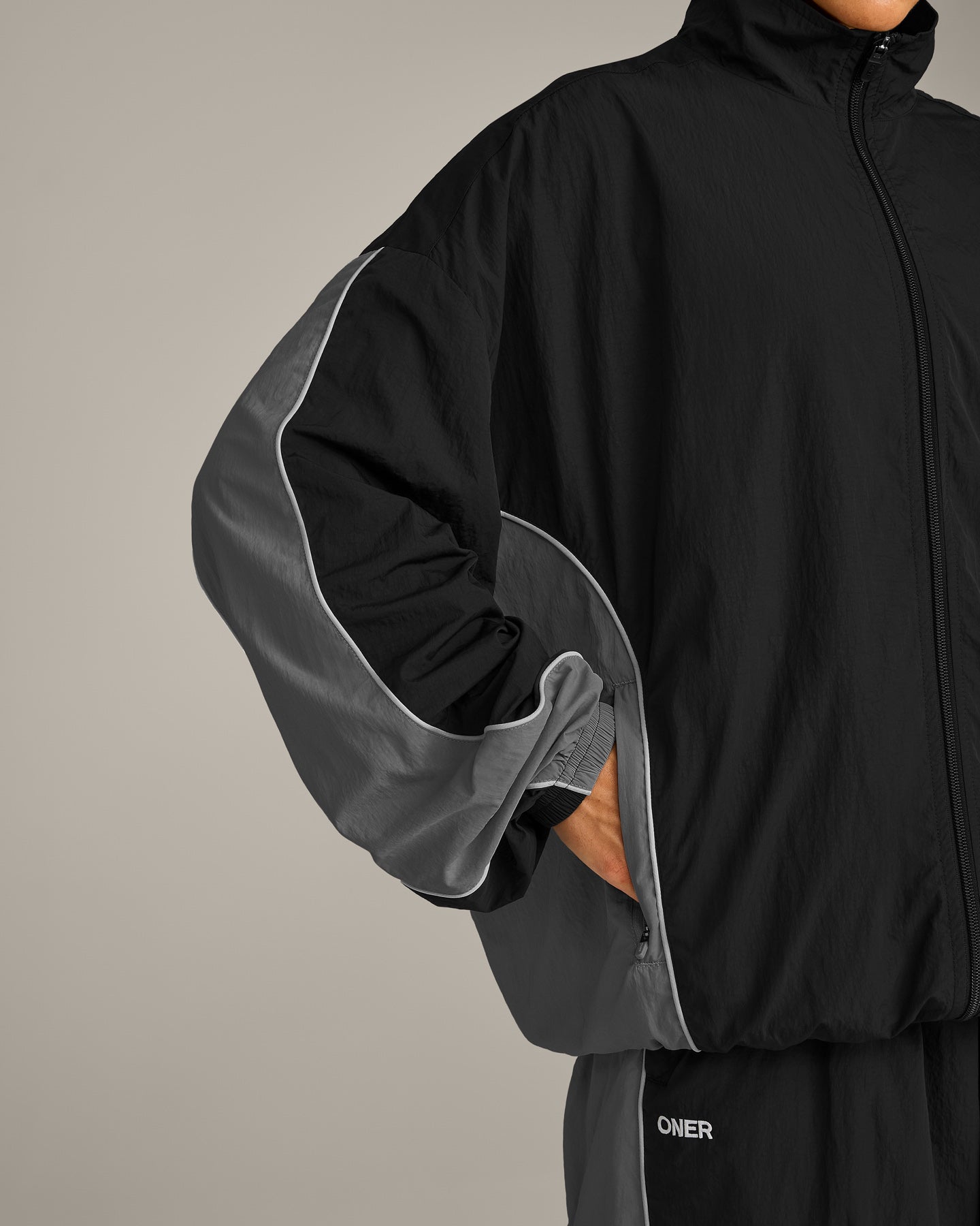 Oversized Contrast Piped Woven Track Jacket | Black