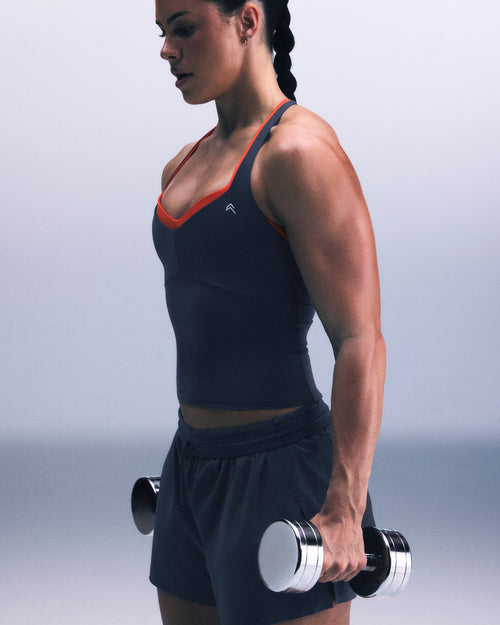 UnifiedMove™ T Back Mid Tank Top with Gel Pockets and Built in Bra Shelf | Oil Blue