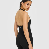 SoftMotion™ Halter Neck All In One Long with White Logo | Black
