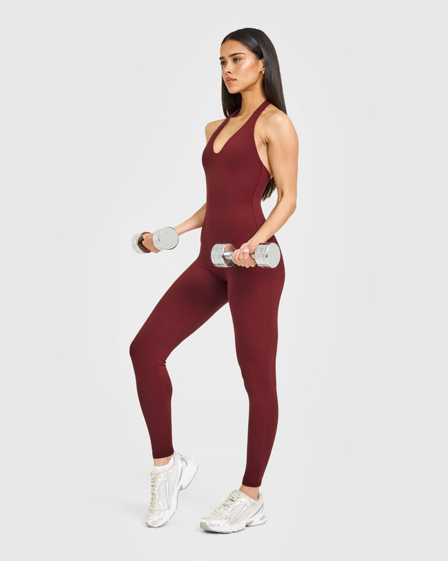 SoftMotion™ Halter Neck All In One Long with White Logo | Light Rosewood