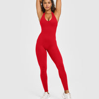 SoftMotion™ Halter Neck All In One Long with White Logo | Light Toasted Red