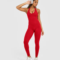 SoftMotion™ Halter Neck All In One Long with White Logo | Light Toasted Red