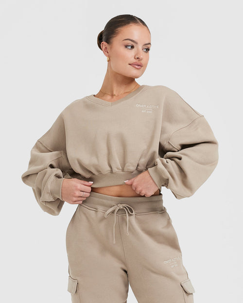 Oner Modal All Day Est 2020 Crop V-Neck Sweatshirt | Sandstone