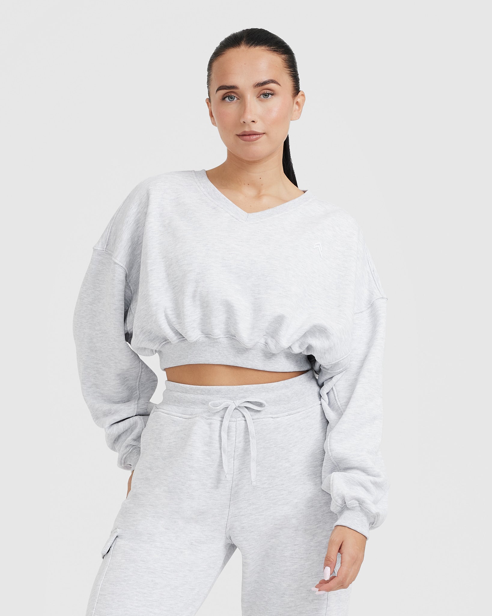 All Day Lightweight Oversized V Neck Sweatshirt Light Grey Marl