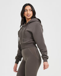 Classic Lounge Cropped Zip Through Hoodie | Deep Taupe