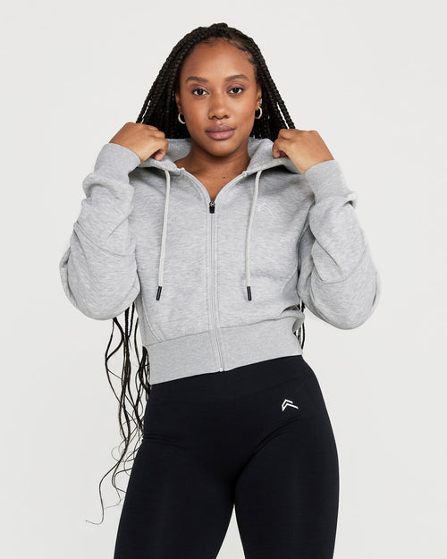 Oner Modal Classic Lounge Cropped Zip Through Hoodie | Silver Grey Marl