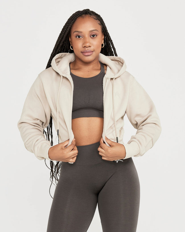 Tan cropped zip up hoodie online