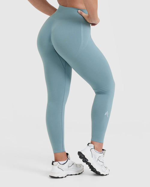 Effortless Seamless Leggings with White Logo | Steel Blue