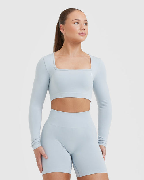 Oner Modal Effortless Square Neck Crop Long Sleeve Top with White Logo | Ice Blue