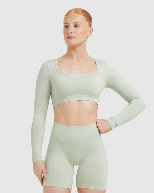 Oner Modal Effortless Square Neck Crop Long Sleeve Top | Tea Green