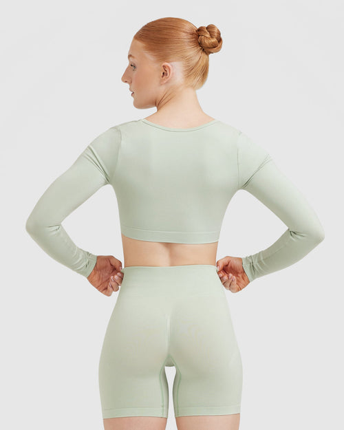 Effortless Square Neck Crop Long Sleeve Top with White Logo | Tea Green