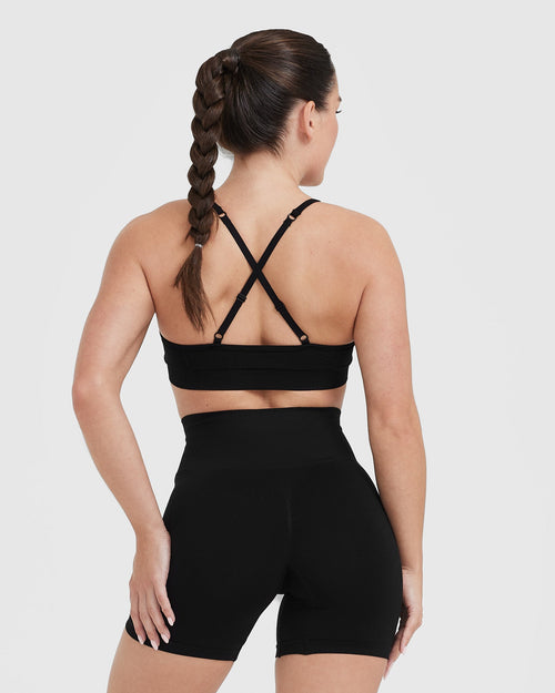 Effortless Strappy Bralette with White Logo | Black