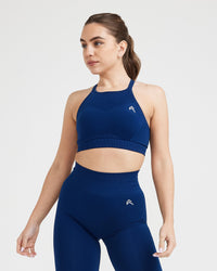 Effortless Seamless High Neck Bralette with White Logo | Midnight