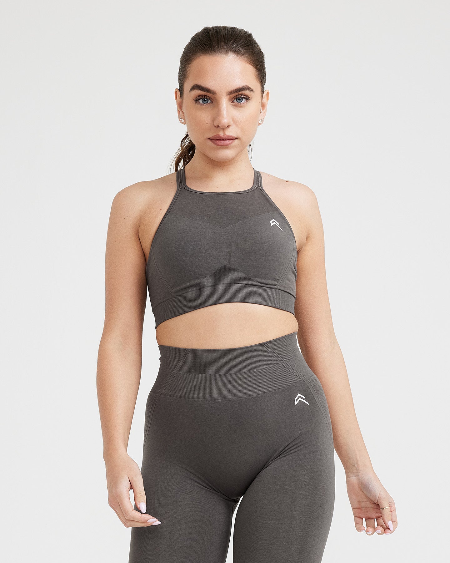 EffortlessLift™ Seamless High Neck Bralette with White Logo | Deep Taupe