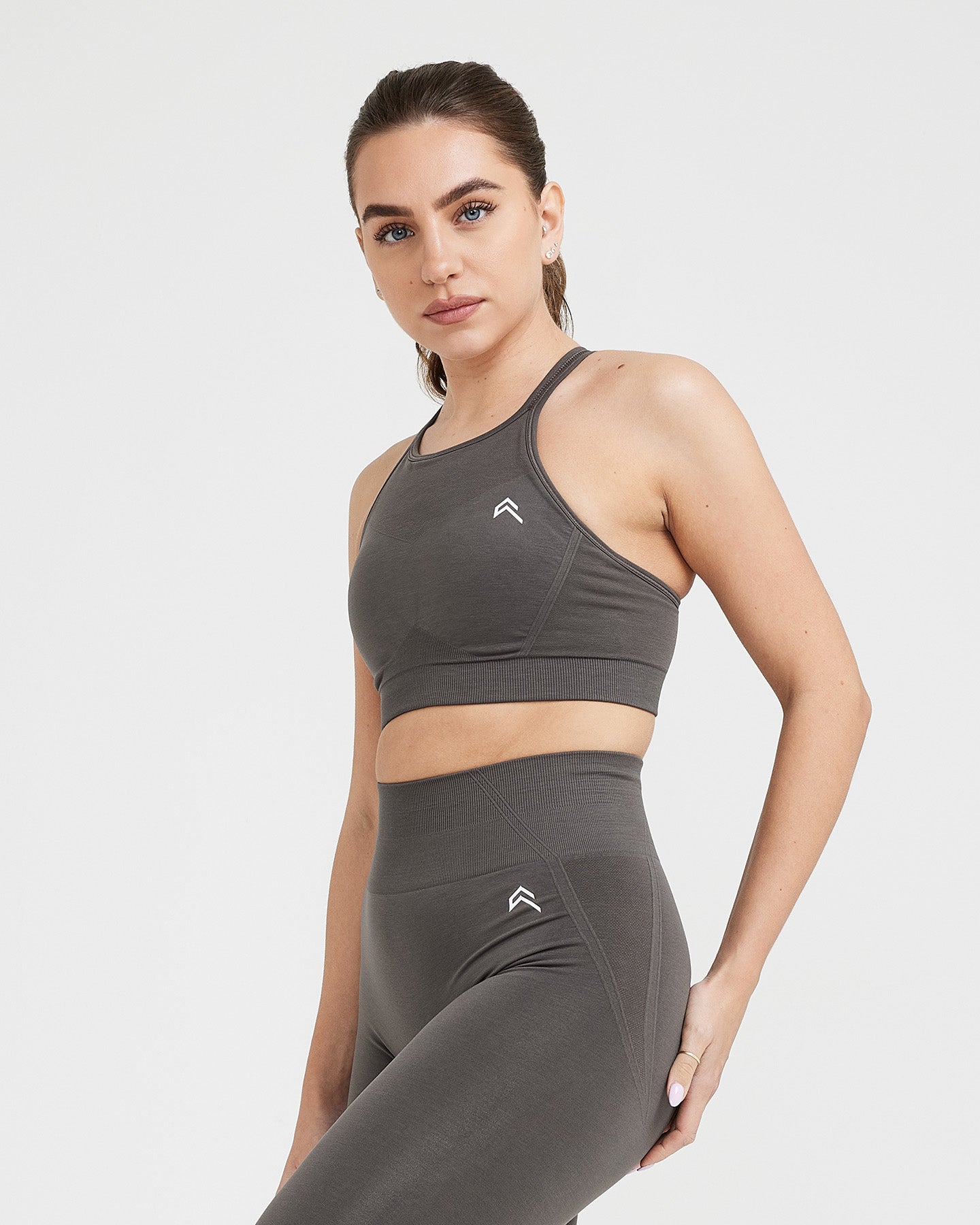 EffortlessLift™ Seamless High Neck Bralette with White Logo | Deep Taupe