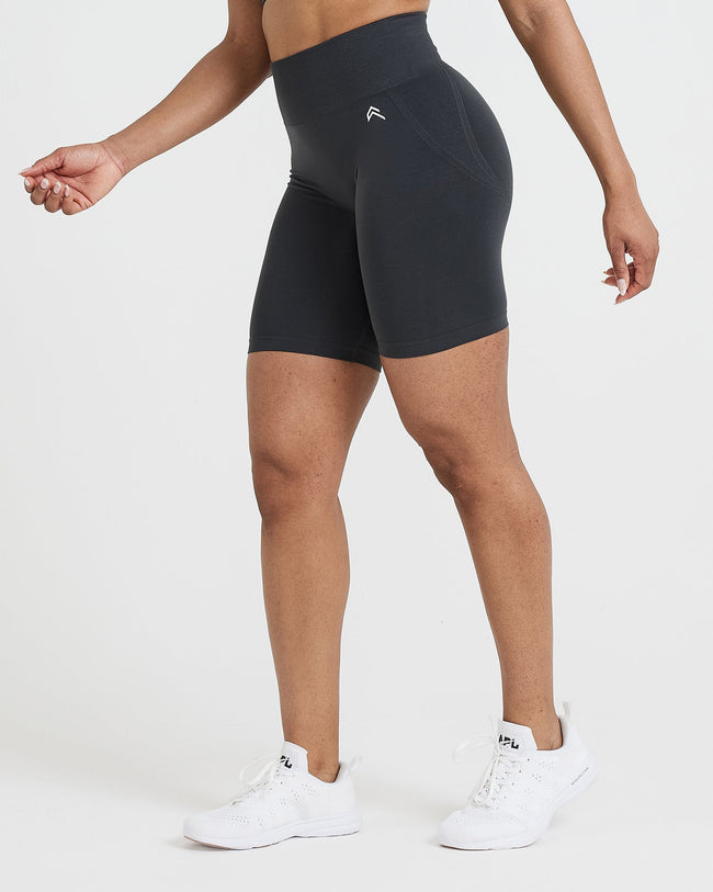 EffortlessLift™ Seamless Cycling Shorts with White Logo | Coal