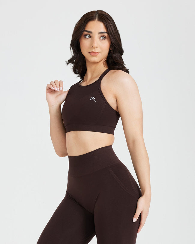 EffortlessLift™ Seamless High Neck Bralette with White Logo | 70% Cocoa