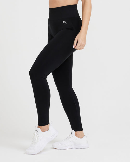Effortless Seamless Leggings with White Logo | Black