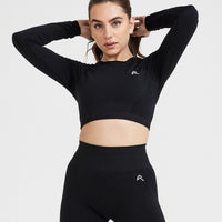EffortlessLift™ Seamless Long Sleeve Crop Top with White Logo | Black