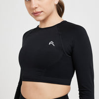 EffortlessLift™ Seamless Long Sleeve Crop Top with White Logo | Black