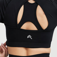 EffortlessLift™ Seamless Long Sleeve Crop Top with White Logo | Black
