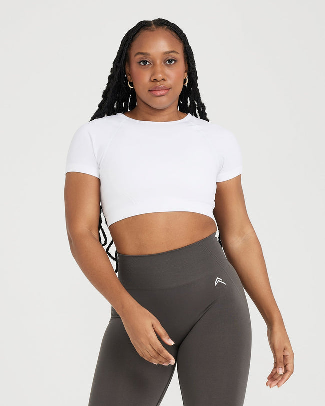 Effortless Seamless Short Sleeve Crop Top with White Logo | White
