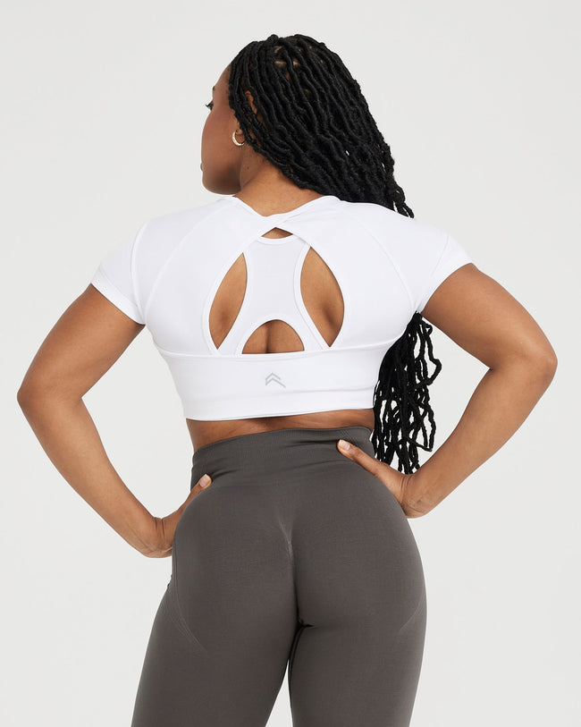 Effortless Seamless Short Sleeve Crop Top with White Logo | White