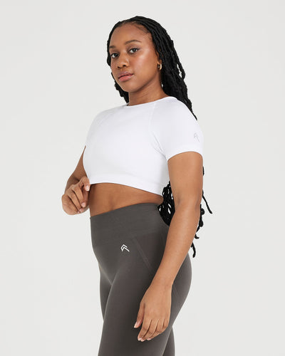 Effortless Seamless Short Sleeve Crop Top with White Logo | White