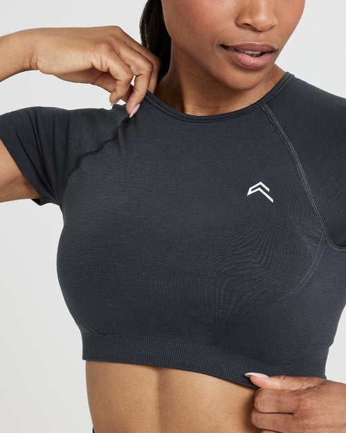 Effortless Seamless Short Sleeve Crop Top with White Logo | Coal