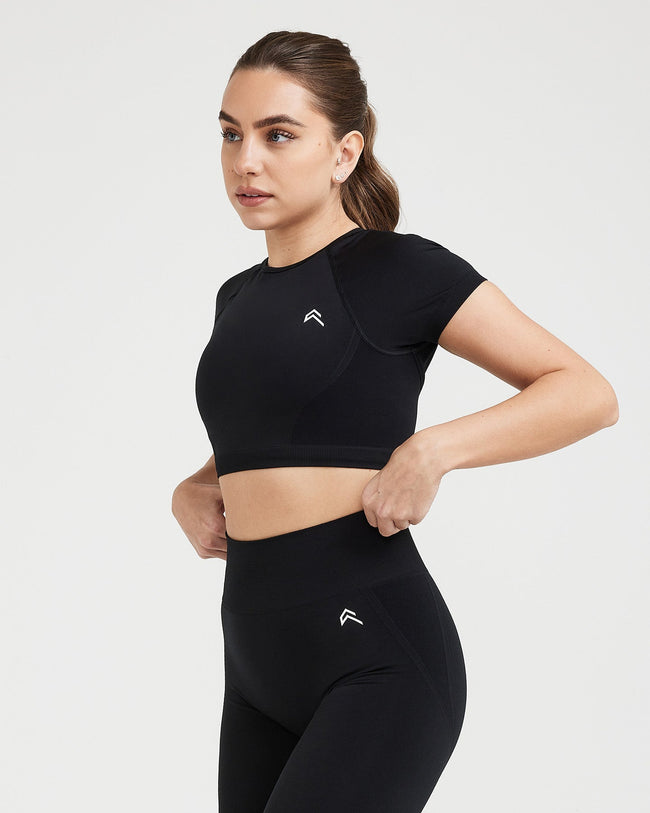 EffortlessLift™ Seamless Short Sleeve Crop Top with White Logo | Black