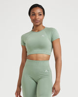 Effortless Seamless Short Sleeve Crop Top with White Logo | Sage