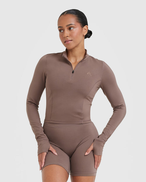 Oner Modal Timeless Half Zip Mid Long Sleeve Top | Cool Brown